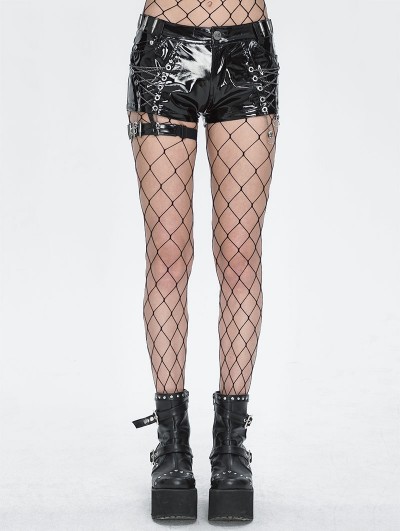 Devil Fashion Black Gothic Punk Side Loop Faux Leather Hot Pants for Women
