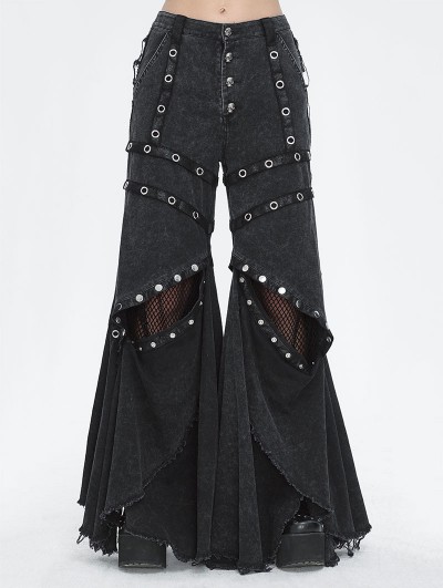 Devil Fashion Black Gothic Punk Eyelets Long Flared Pants for Women