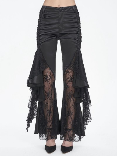 Devil Fashion Black Gothic Vintage Ruffle Lace Spliced Flared Pants for Women