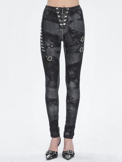 Devil Fashion Grey Gothic Punk Metal Buckle Printed Leggings for Women