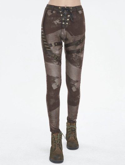 Devil Fashion Brown Gothic Punk Metal Buckle Printed Leggings for Women