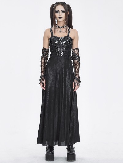 Devil Fashion Black Gothic Punk Leather Spliced Slip Maxi Dress