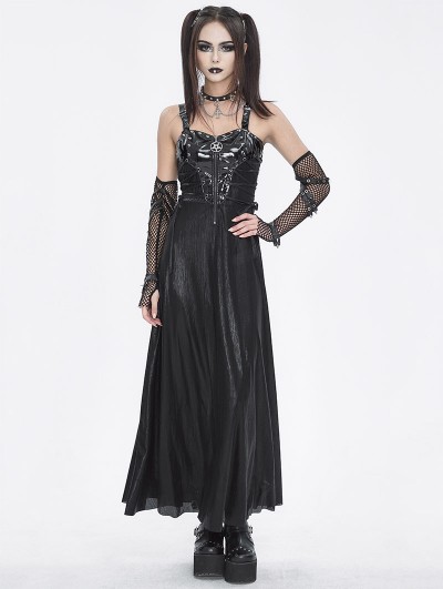 Devil Fashion Black Gothic Punk Leather Spliced Slip Maxi Dress - DarkinCloset.com Devil Fashion Black Gothic Punk Leather Spliced Slip Maxi Dress - DarkinCloset.com