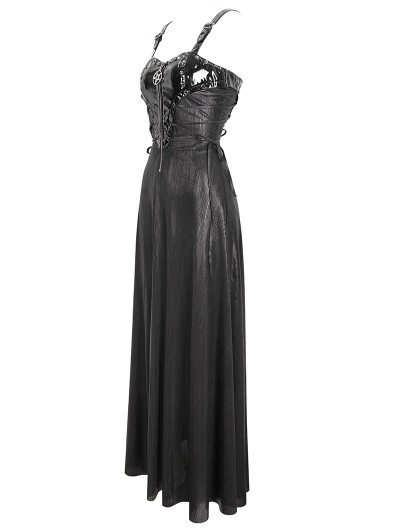 Devil Fashion Black Gothic Punk Leather Spliced Slip Maxi Dress -  DarkinCloset.com