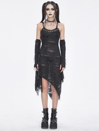 Devil Fashion Black Gothic Punk Irregular Slip Dress with Detachable Sleeves