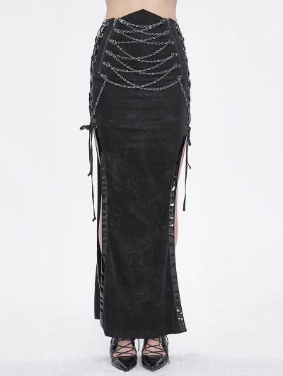 Devil Fashion Black Gothic Punk Buckle Chain Sexy Long Split Skirt