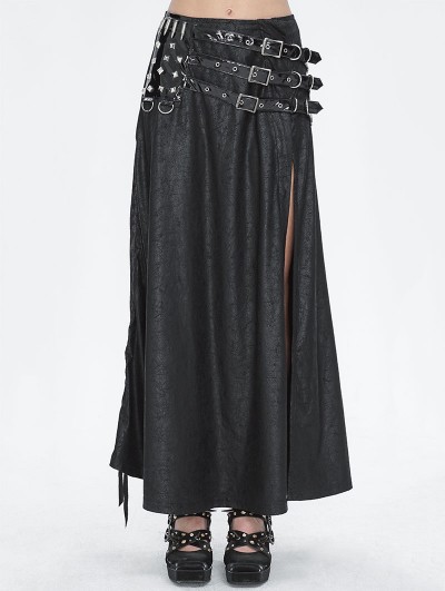 Devil Fashion Black Gothic Punk Studded Leather Belt Long Sexy Slit Skirt