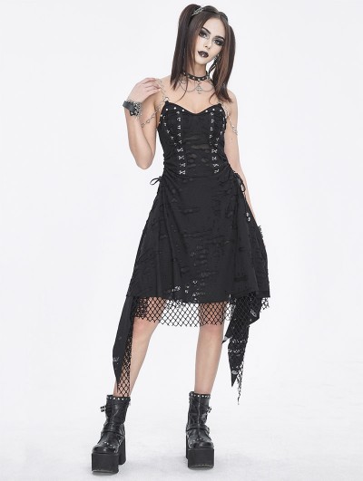 Devil Fashion Black Gothic Ripped Irregular Chain Strap Slip Irregular Dress