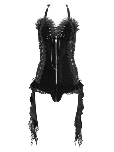 Devil Fashion Black Gothic Zip-Up Halter Sexy Velvet Lingerie