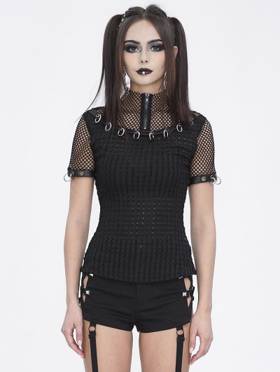 Devil Fashion Black Gothic Punk O-Ring Decor Fishnet Short Sleeve T-Shirt for Women