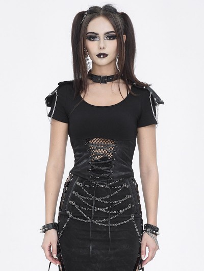 Devil Fashion Black Gothic Punk Net Spliced Lace-Up Short Sleeve T-Shirt for Women