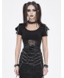 Devil Fashion Black Gothic Punk Net Spliced Lace-Up Short Sleeve T-Shirt for Women