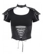 Devil Fashion Black Gothic Punk Net Spliced Lace-Up Short Sleeve T-Shirt for Women