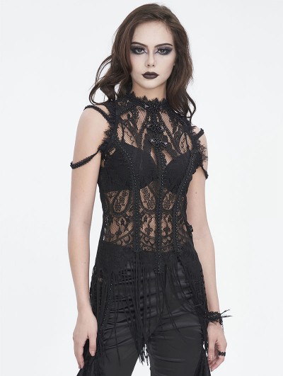 Devil Fashion Black Gothic Strappy Cold Shoulder Tasseled Lace Top for Women