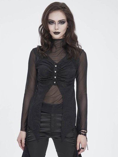 Devil Fashion Black Gothic Long Irregular Trumpet Sleeve Mesh Top for Women