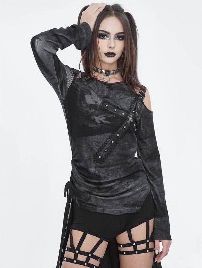 Devil Fashion Black Gothic Punk Asymmetric Side Buckle Long Sleeve Top for Women