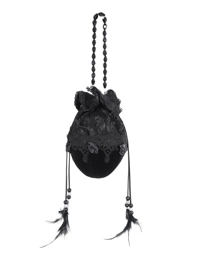Eva Lady Black Gothic Retro Feather Bead Tasseled Handbag