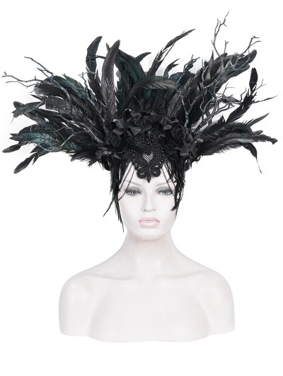 Eva Lady Black Gothic Gorgeous Rose Twig Feather Hairpin