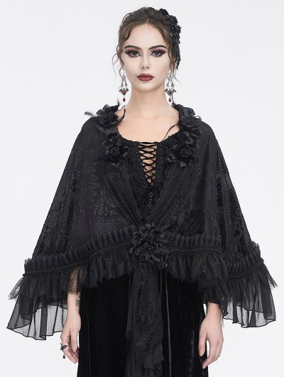 Eva Lady Black Gothic Elegant Flower Feather Lace Cape for Women