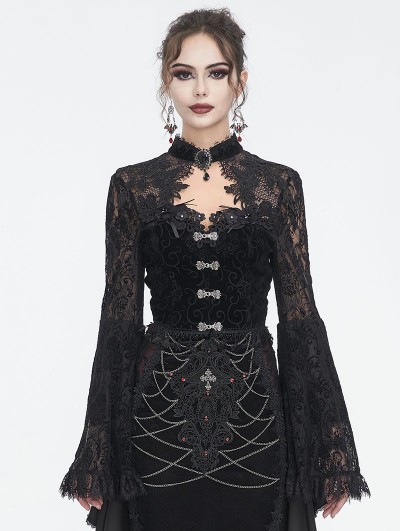 Eva Lady Black Vintage Gothic Hollow Out Lace Trumpet Sleeve Short Jacket for Women