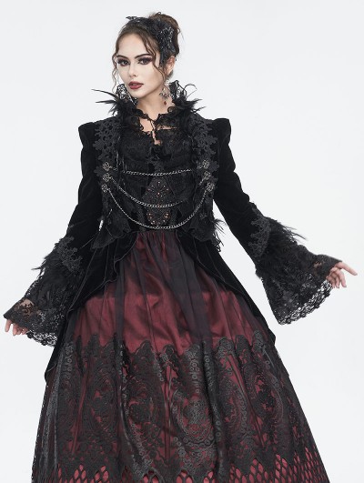 Eva Lady Black Gothic Retro Lace Appliqued Open Front Short Velvet Jacket for Women