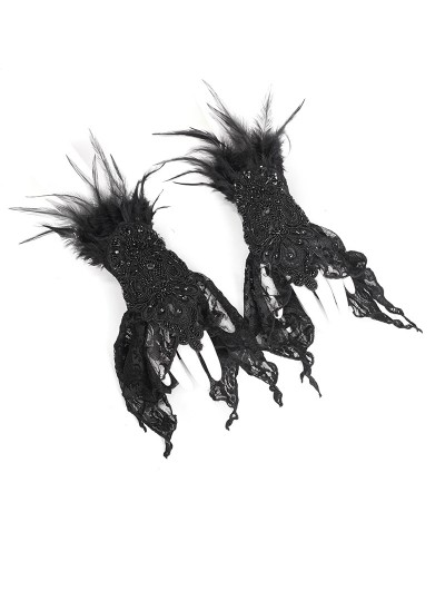 Eva Lady Black Gothic Beaded Feather Lace Wrist Gloves for Women