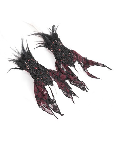 Eva Lady Wine Red Gothic Beaded Feather Lace Wrist Gloves for Women