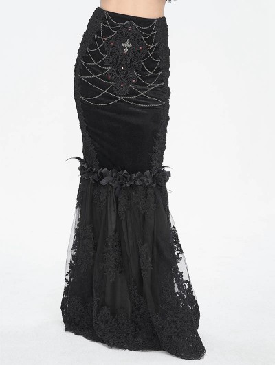 Eva Lady Black Gothic Vintage Velvet Lace Spliced Fishtail Maxi Skirt