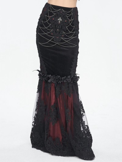 Eva Lady Black and Red Gothic Vintage Velvet Lace Spliced Fishtail Maxi Skirt