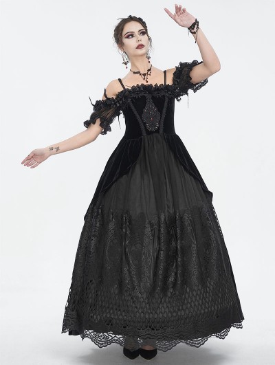 Eva Lady Black Gothic Victorian Off-the-Shoulder Velvet Lace Long Party Dress