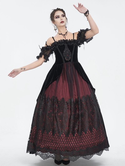 Eva Lady Black and Red Gothic Victorian Off-the-Shoulder Velvet Lace Long Party Dress