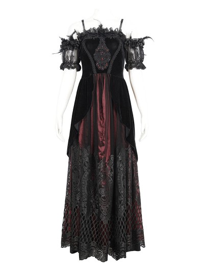 Eva Lady Black and Red Gothic Victorian Off-the-Shoulder Velvet Lace Long  Party Dress - DarkinCloset.com