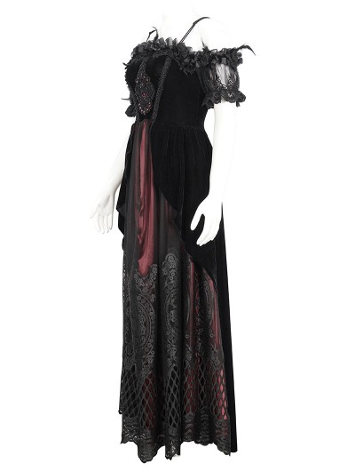 Eva Lady Black and Red Gothic Victorian Off-the-Shoulder Velvet Lace Long Party Dress - DarkinCloset.com Eva Lady Black and Red Gothic Victorian Off-the-Shoulder Velvet Lace Long Party Dress - DarkinCloset.com