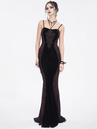 Eva Lady Black and Red Retro Gothic Velvet Lace Applique Sexy Maxi Slip Dress