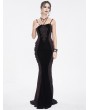 Eva Lady Black and Red Retro Gothic Velvet Lace Applique Sexy Maxi Slip Dress