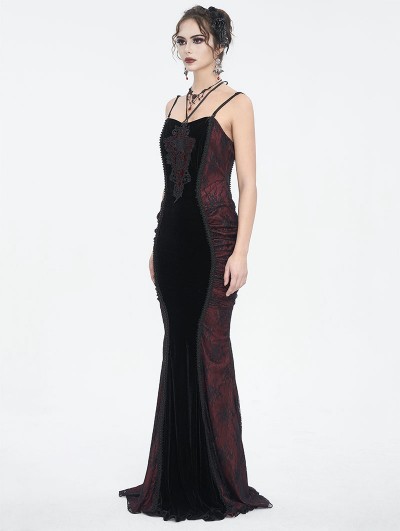Eva Lady Black and Red Retro Gothic Velvet Lace Applique Sexy Maxi Slip  Dress