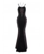 Eva Lady Black and Red Retro Gothic Velvet Lace Applique Sexy Maxi Slip Dress