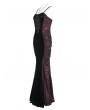 Eva Lady Black and Red Retro Gothic Velvet Lace Applique Sexy Maxi Slip Dress