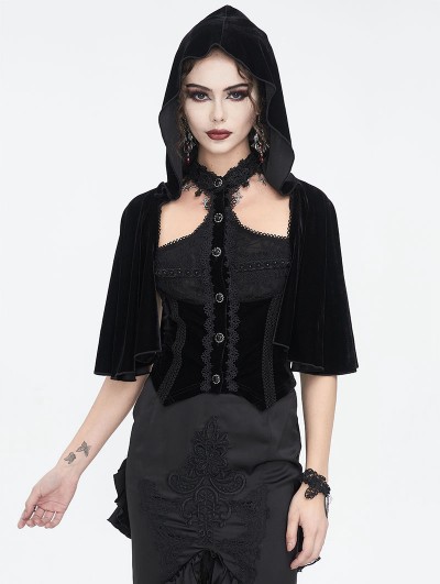 Eva Lady Black Gothic Vintage Fake 2-Pieces Velvet Lace Hooded Top for Women