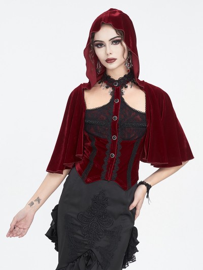 Eva Lady Wine Red Gothic Vintage Fake 2-Pieces Velvet Lace Hooded Top for Women