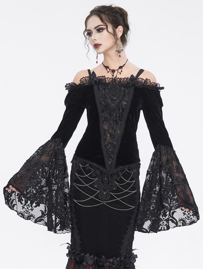 Eva Lady Black Vintage Gothic Velvet Lace Off-the-Shoulder Long Sleeve Shirt for Women