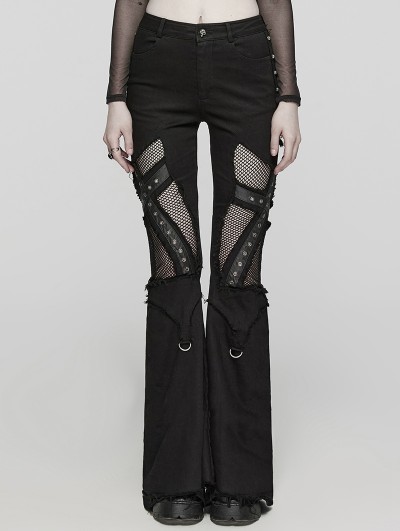 Punk Rave Black Gothic Punk Hollow Mesh Cross Frayed Pants for Women