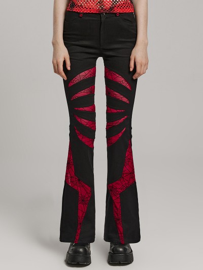 Punk Rave Black and Red Gothic Pointed Spider Web Flared Trousers for Women