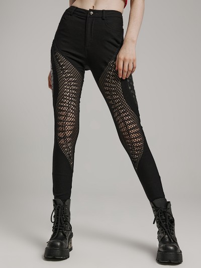 Punk Rave Black Gothic Punk Burnt Pattern Hollow Long Fitted Trousers for Women