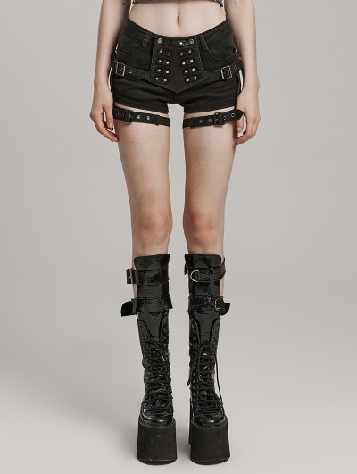 Punk Rave Black Gothic Punk Symmetrical Leg Loop Stretch Hot Shorts for Women