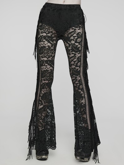 Punk Rave Black Sexy Gothic Floral Mesh Lace Flared Trousers for Women