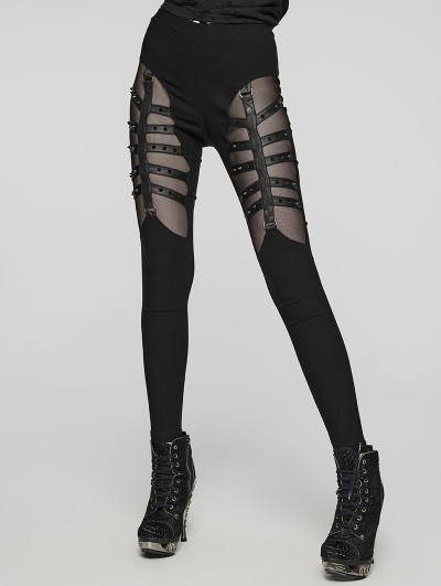 Punk Rave Black Sexy Gothic Punk Studded Mesh Hollow Leggings for Women