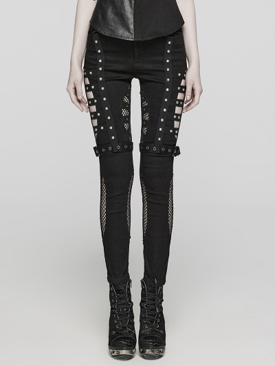 Punk Rave Black Gothic Punk Mesh Splicing Hollow Washed Jeans for Women