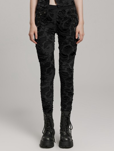 Punk Rave Black Gothic Decayed Punk Slim Fit Long Trousers for Women