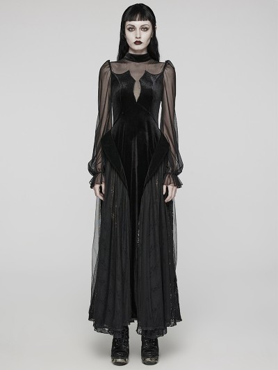 Punk Rave Black Sexy Gothic Bat Velvet Lace Long Mesh Sleeve Dress